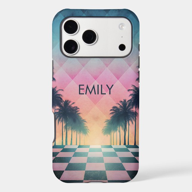 Custom Name Retro Synthwave Sunset Palm Trees (Verso)