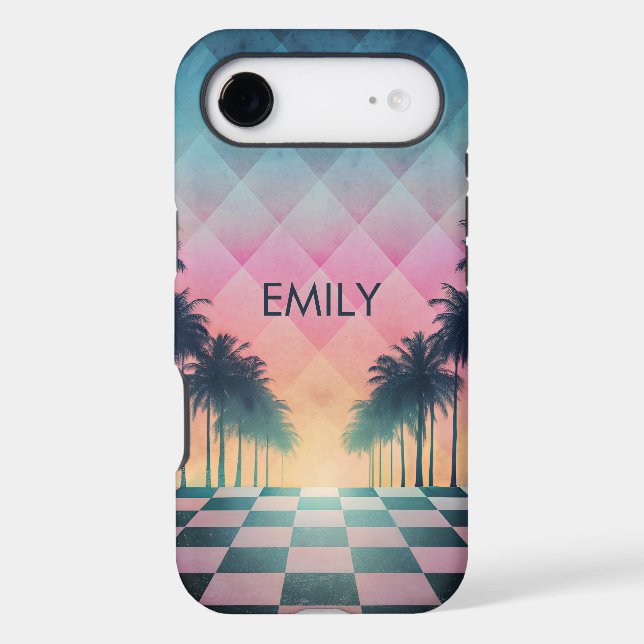 Custom Name Retro Synthwave Sunset Palm Trees (Verso)