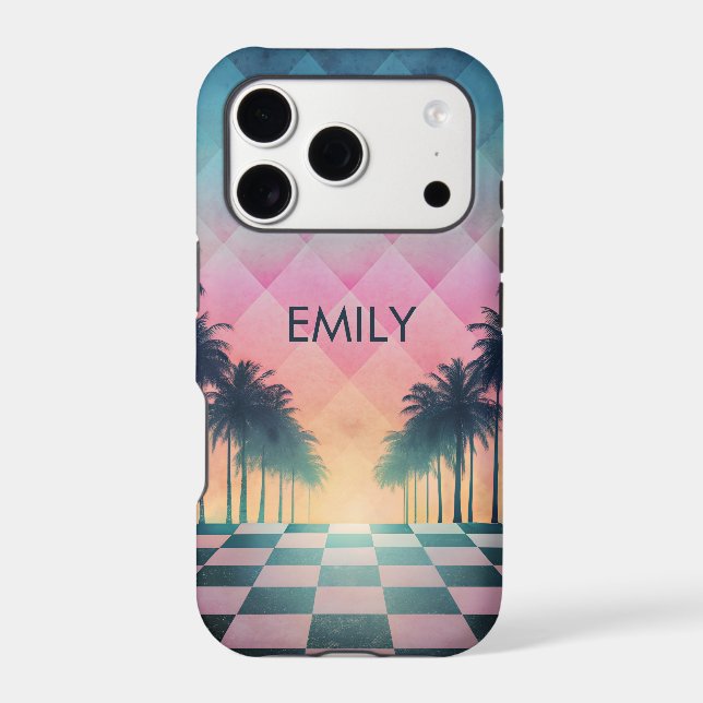 Custom Name Retro Synthwave Sunset Palm Trees (Verso)