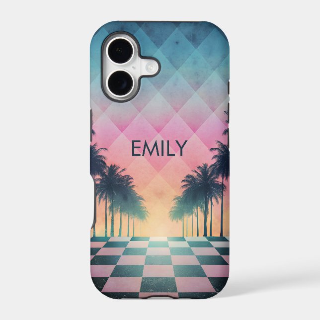 Custom Name Retro Synthwave Sunset Palm Trees (Verso)