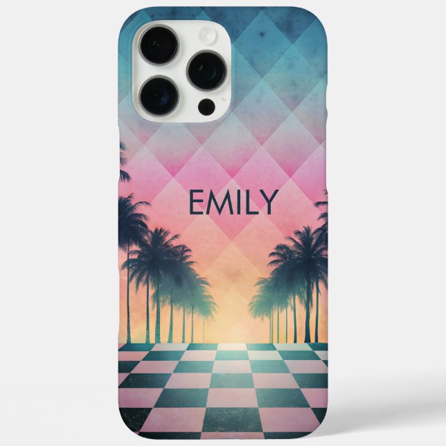 Custom Name Retro Synthwave Sunset Palm Trees Case-Mate iPhone Case (Back)