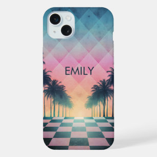 Custom Name Retro Synthwave Sunset Palm Trees iPhone 15 Plus Case