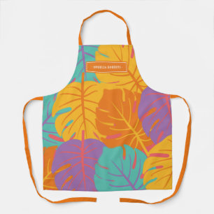 Custom Name Retro Tropical Leaf Pattern Summer Apron
