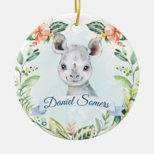 Custom Name Rhino Safari Animal Holiday For Boy Ceramic Ornament