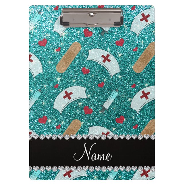 Custom name robin blue glitter nurse hats heart clipboard (Front)