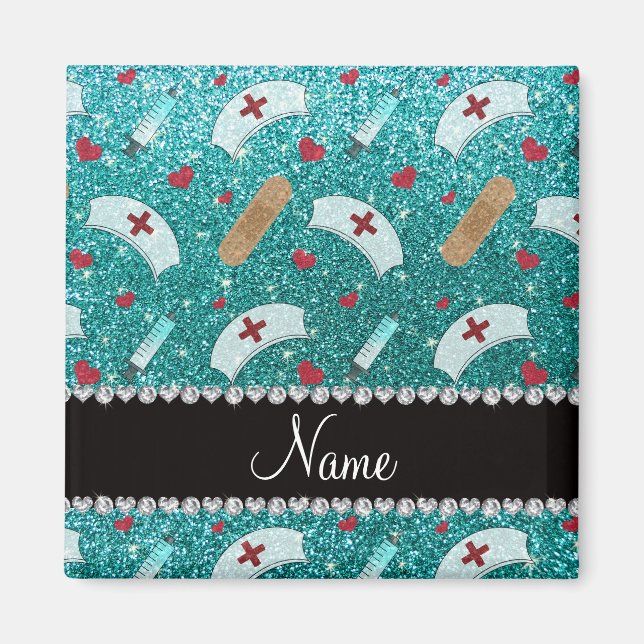 Custom name robin blue glitter nurse hats heart magnet (Front)