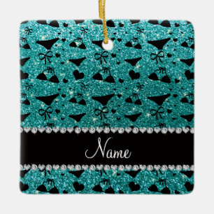 Custom name robin egg blue glitter bikini bows ceramic ornament
