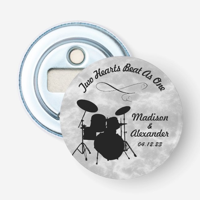 Custom Name Rock & Roll Drummer Wedding Drum Kit Bottle Opener (Front)