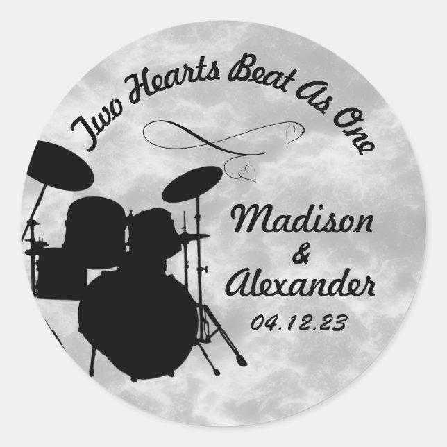 Custom Name Rock & Roll Drummer Wedding Drum Kit C Classic Round Sticker (Front)