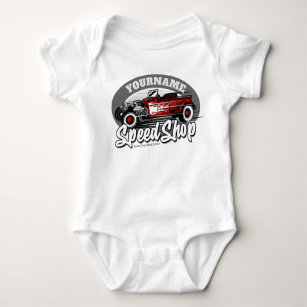 Custom NAME Rockabilly Roadster Speed Shop Garage Baby Bodysuit