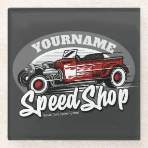 Custom NAME Rockabilly Roadster Speed Shop Garage Glass Coaster