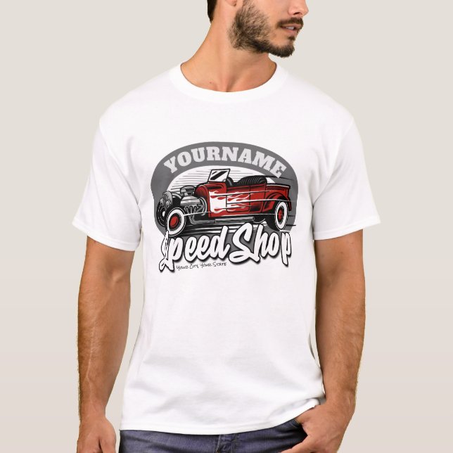 Custom NAME Rockabilly Roadster Speed Shop Garage T-Shirt (Front)