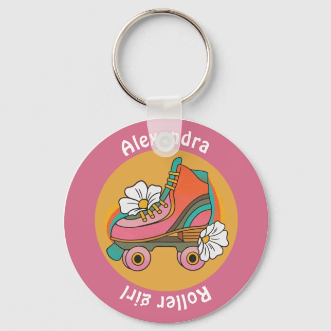 custom name roller skate girl pink girly keychain (Front)