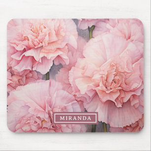 Custom Name Romantic Pink Carnation Watercolor Art Mouse Pad