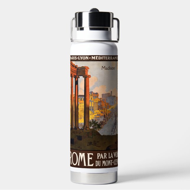 Custom Name Rome Italy Vintage Travel Water Bottle (Back)