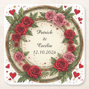 🌹 Custom Name Rose Floral Gift For Home Decor 🎁 Square Paper Coaster