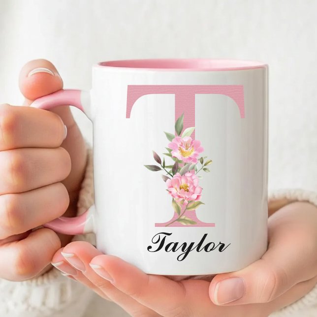 Custom Name Rose Floral Monogram Mug Gift for Kids (Personalized Pink Rose Monogram Mug Gift for Her, Floral Roses Initial Name Mug Mother’s Day Gift)