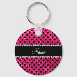 Custom name rose pink glitter black polka dots keychain