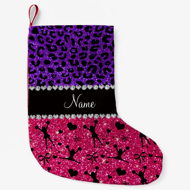 Custom name rose pink glitter cheerleading leopard small christmas stocking (Front)