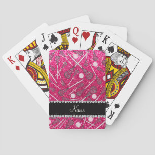 Custom name rose pink glitter lacrosse sticks playing cards