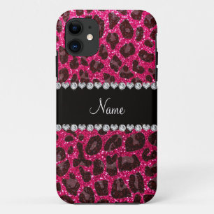 Custom name rose pink glitter leopard print iPhone 11 case