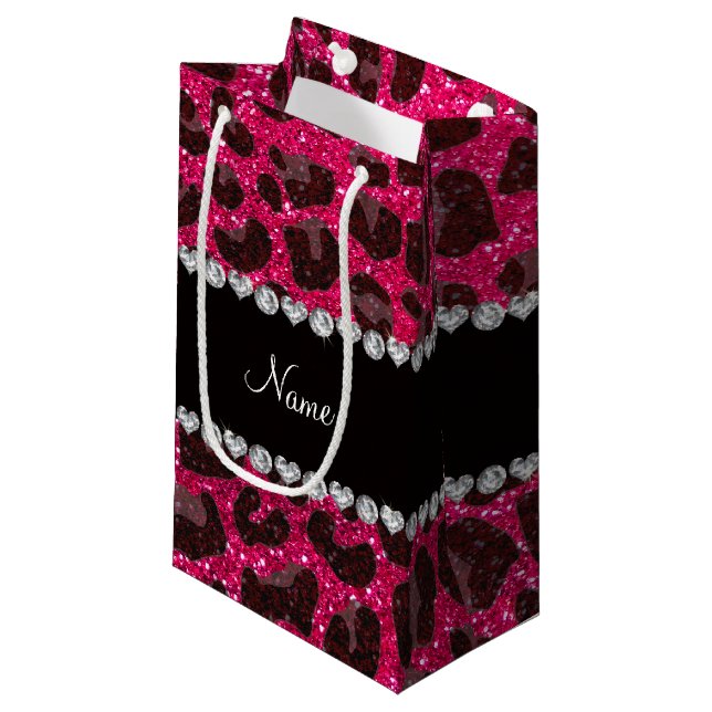 Custom name rose pink glitter leopard print small gift bag (Front Angled)