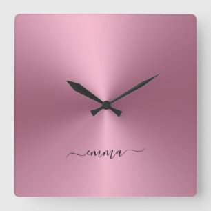 Custom Name Rosegold Metallic Style Acrylic Square Wall Clock
