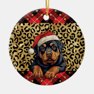 Custom Name Rottweiler dog Santa hat Buffalo Plaid Ceramic Ornament
