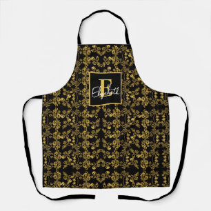 Custom Name Royal Black & Gold Baroque Floral  Apron