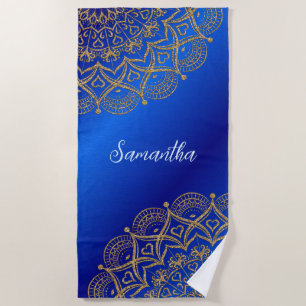 Custom Name Royal Blue and Gold Mandala Elegant Beach Towel