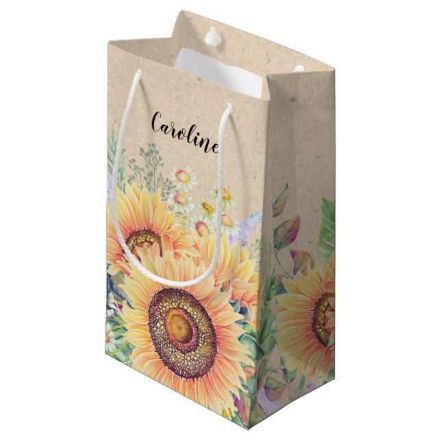 Custom Name | Rustic Sunflowers Wedding Favour Bag (Front Angled)