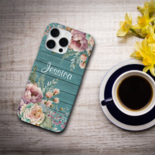Custom Name Rustic Teal Wood Floral Personalized iPhone 16 Pro Max Case