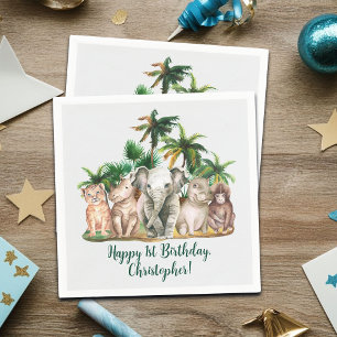 Custom Name Safari Animals Palm Trees Birthday Napkin