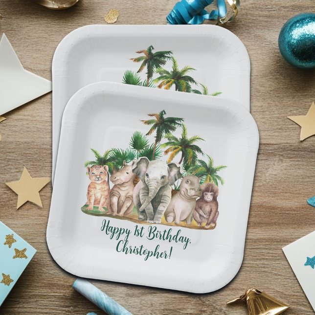 Custom Name Safari Animals Palm Trees Birthday Paper Plate (Creator Uploaded)