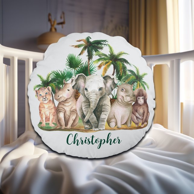 Custom Name Safari Animals Palm Trees Round Pillow (Creator Uploaded)