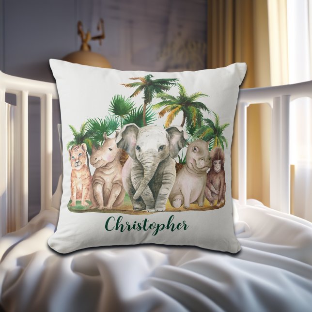 Custom Name Safari Animals Palm Trees Throw Pillow (Creator Uploaded)