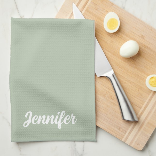 Custom name sage green modern kitchen towel (Quarter Fold)