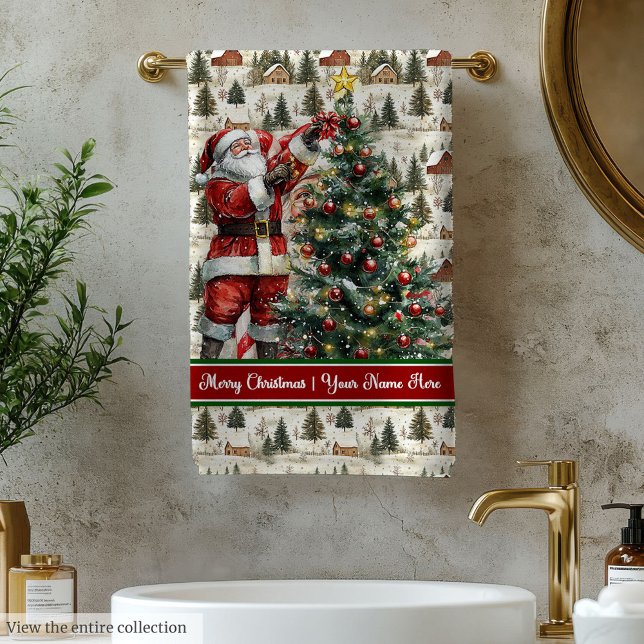 Custom Name Santa Claus Bath Towel Gift Set (Chic Santa Claus Christmas Bath Towel Set)