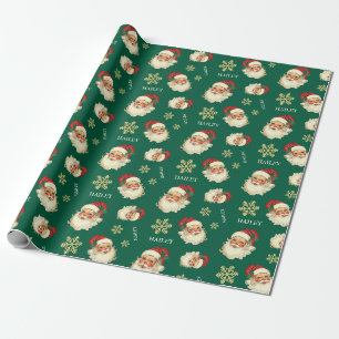 Custom Name Santa Claus Face Christmas Green Gift Wrapping Paper