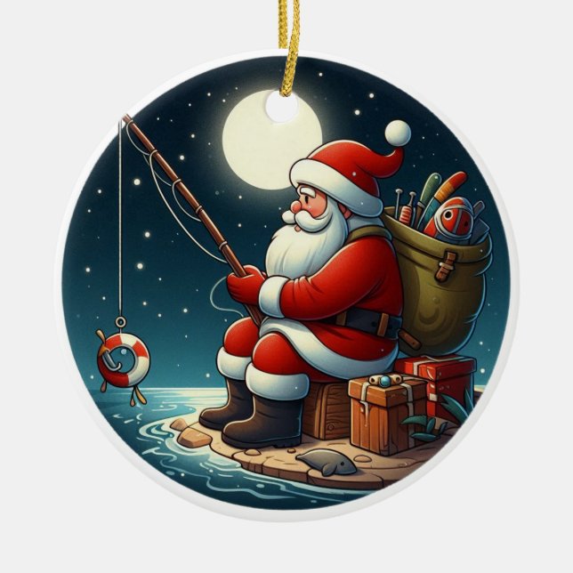 Custom name santa fishing  ceramic ornament (Front)
