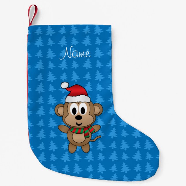 Custom name santa monkey blue trees small christmas stocking (Front)