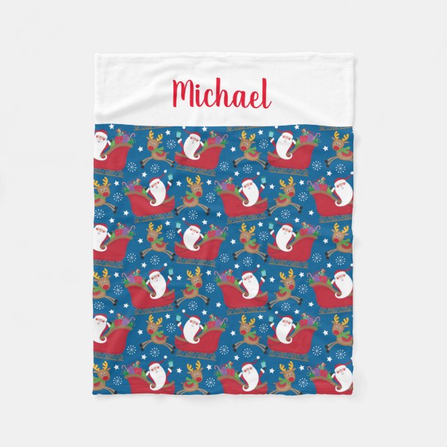 Custom Name Santa Reindeer Personalized Christmas Fleece Blanket (Front)