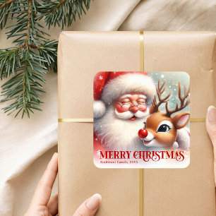 Custom Name Santa Rudolph Adorable Christmas Kids Square Sticker