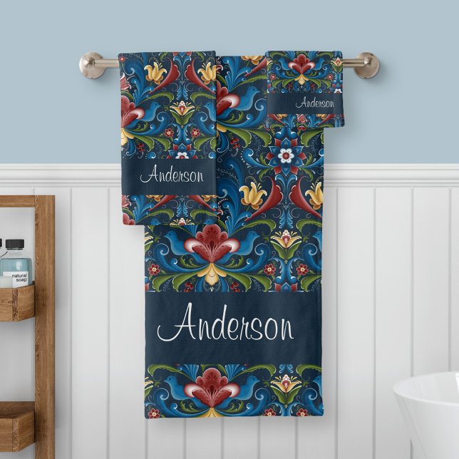 Custom Name Scandinavian Folk Art Floral Pattern Bath Towel Set (Creator Uploaded)