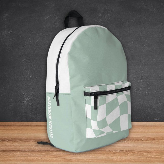Custom Name School Backpacks - Sage Chequered (Custom Name School Backpacks - Sage Green)