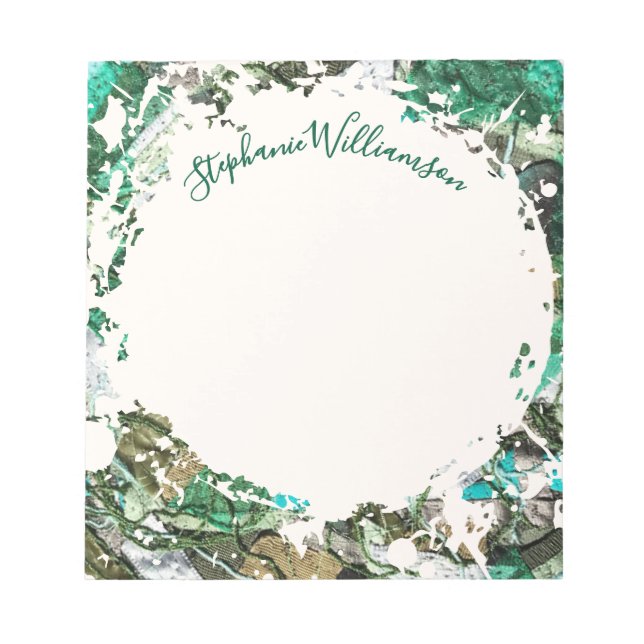 Custom Name Script Abstract Green Textile Collage  Notepad (Front)