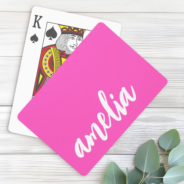 Custom name script bold hot pink and white playing cards (Custom name script bold hot pink and white poker cards)