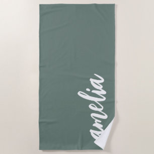 Custom name script dusty pine green beach towel