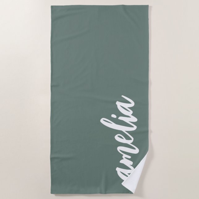 Custom name script dusty pine green beach towel (Front)