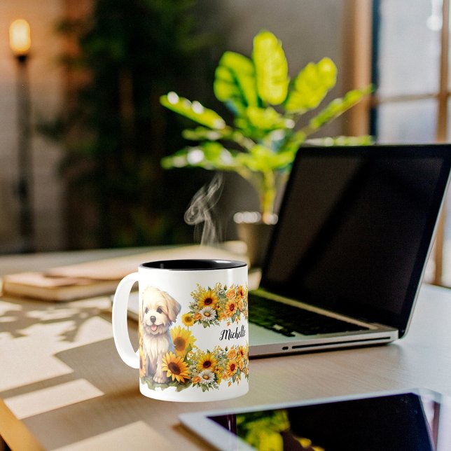 custom name script flowers cute puppy dog drawing Two-Tone coffee mug (Creator Uploaded)